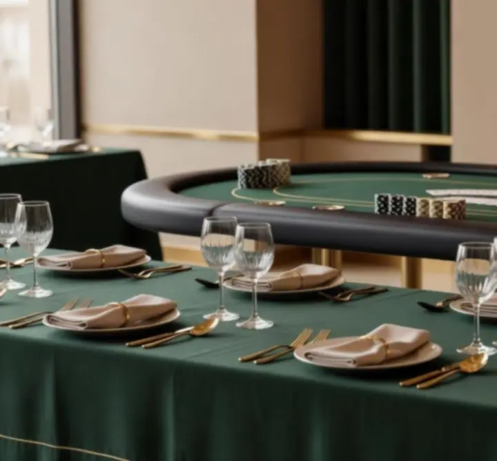 Elegáns foglalási felület és megterített pókerasztal egy modern rendezvényteremben.