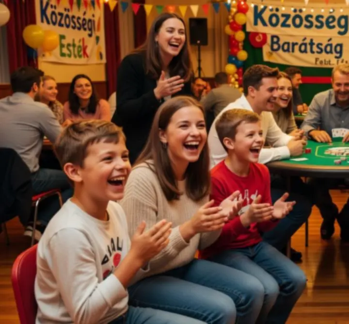 Vendégek egy jól szervezett, tematikus póker est közösségi pillanatában a Lumeniatr rendezvényterében.
