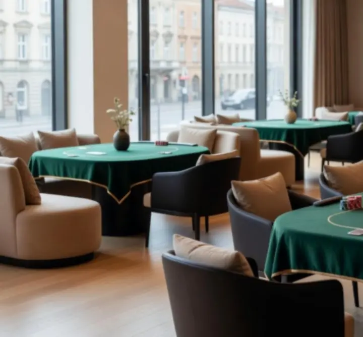 Elegáns, bézs és arany tónusú rendezvényhelyszín pókerasztallal és hangulatos megvilágítással.