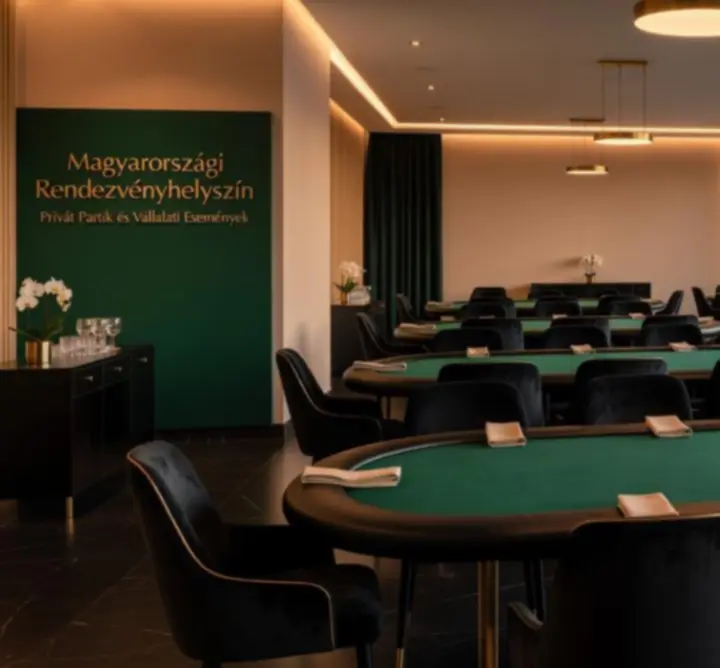 Elegáns, modern rendezvényhelyszín Magyarországon, rendezett pókerasztalokkal és hangulatos megvilágítással.