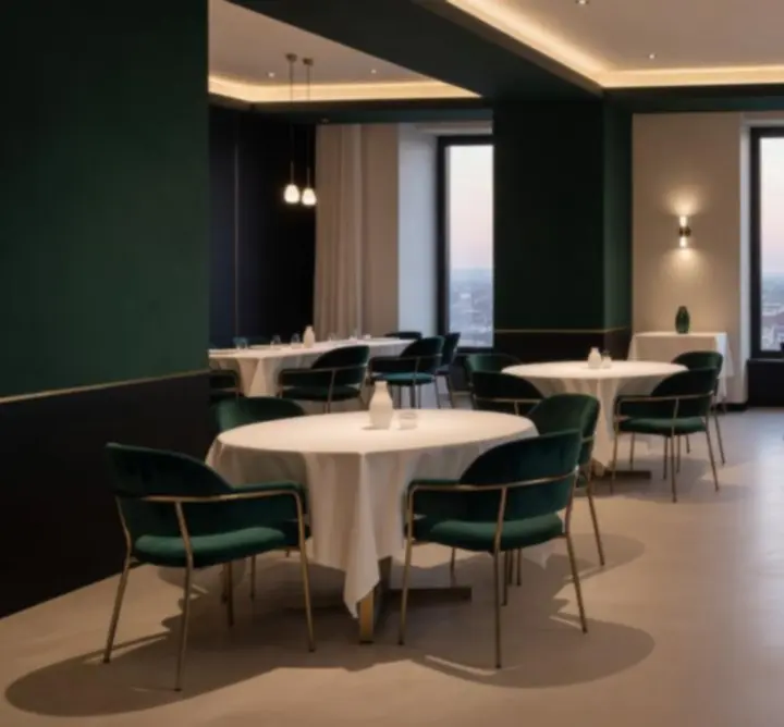 Elegáns, modern rendezvényterem Budapest szívében, megvilágított asztalokkal és kényelmes ülőhelyekkel.