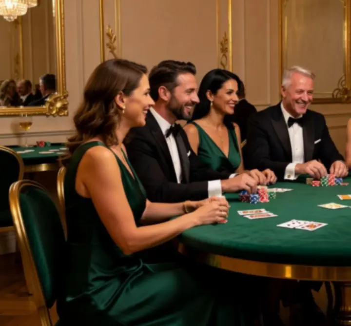 Elegáns offline pókerasztal, körülötte mosolygó vendégek egy szervezett Lumeniatr eseményen.
